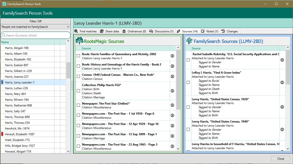 Examining sources between RootsMagic and FamilySearch