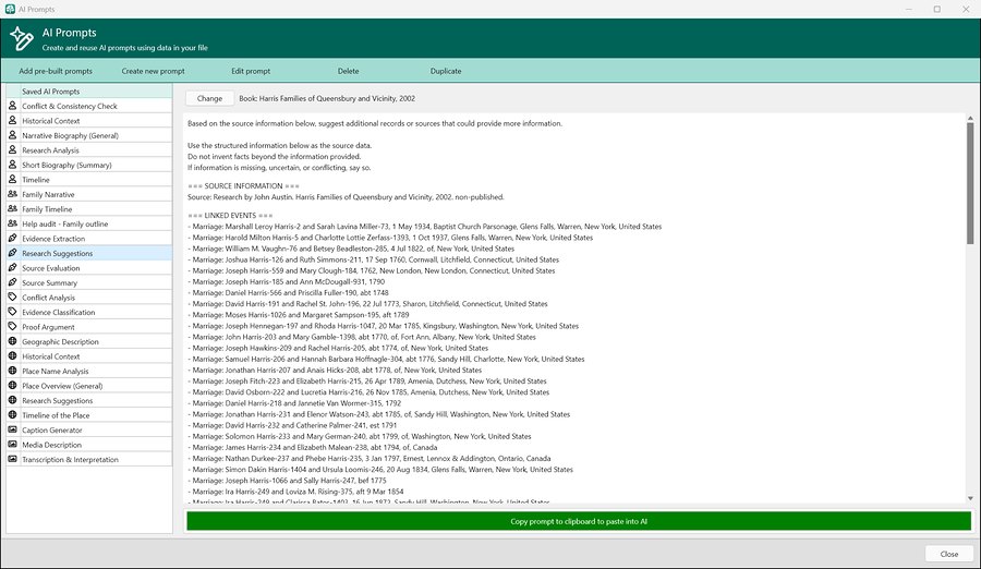 The AI Prompt Builder in RootsMagic 12, which makes prompts for people, families, places, sources, citations, and photos