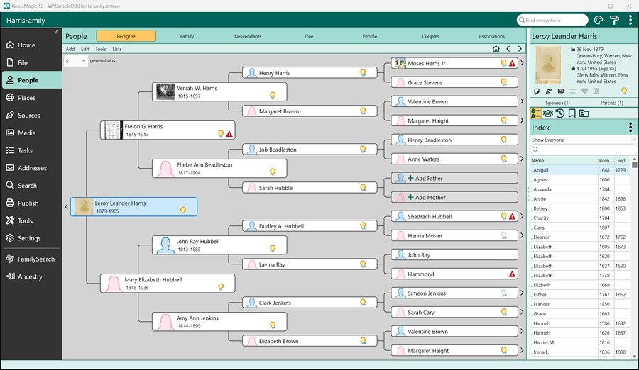 A tree downloaded from Ancestry in RootsMagic 12, with family photos in the pedigree view