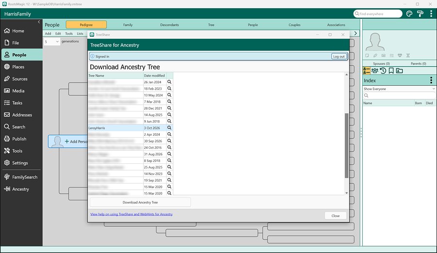 Choosing the tree to download in the TreeShare for Ancestry window in RootsMagic 12