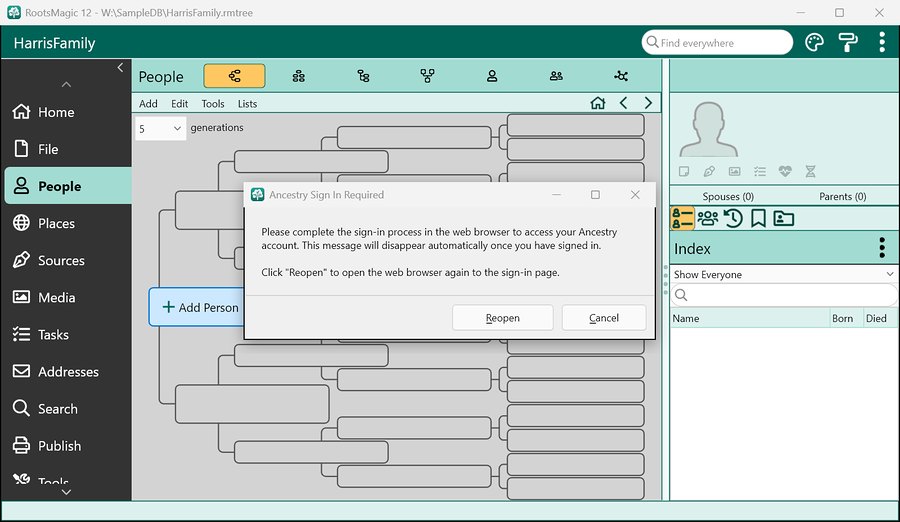 RootsMagic 12 waiting while you sign in to Ancestry in your web browser