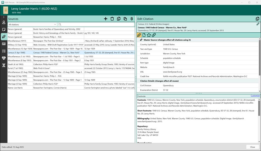 The RootsMagic 12 citation editor with its Citation, Source Text, Quality, and Links tabs, citing the 1940 census