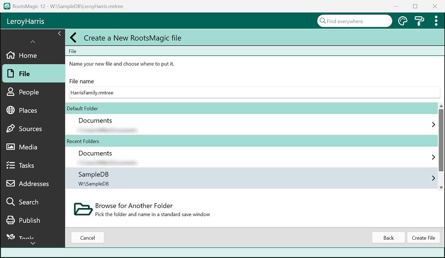 Naming a new RootsMagic file and choosing its folder in RootsMagic 12