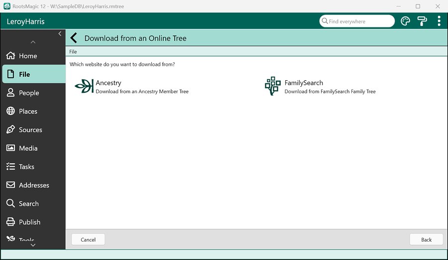 The Download from an Online Tree page in RootsMagic 12, with Ancestry and FamilySearch