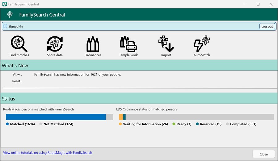 FamilySearch Central in RootsMagic 12: find matches, share data, ordinances, temple work, import, and AutoMatch