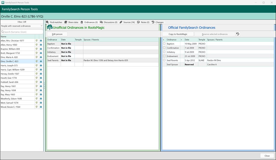 Official FamilySearch ordinances beside RootsMagic’s own records, ready to copy, in RootsMagic 12