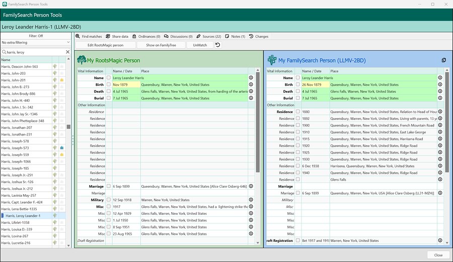 Comparing Leroy Leander Harris with the FamilySearch Family Tree in RootsMagic 12