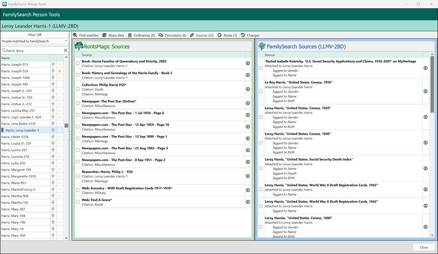 Leroy Leander Harris’s RootsMagic sources beside his FamilySearch sources in RootsMagic 12