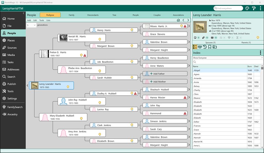 A tree imported from Family Tree Maker in RootsMagic 12, with family photos in the pedigree view