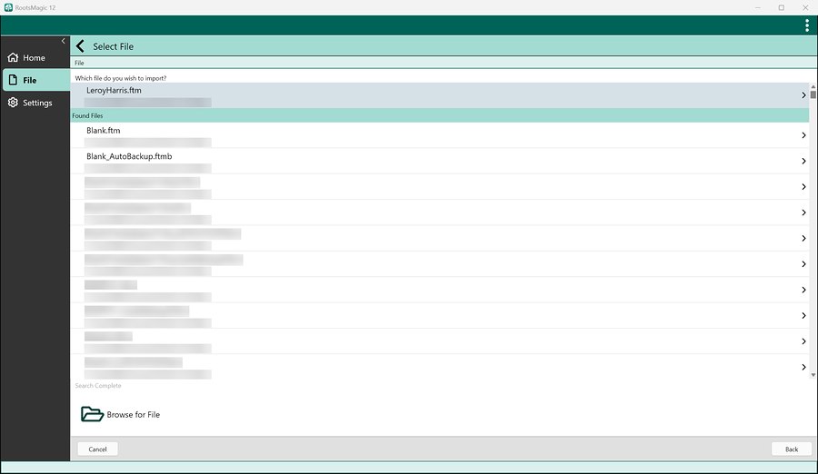 Choosing a Family Tree Maker file to import in RootsMagic 12