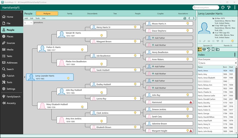 Ancestors downloaded from FamilySearch in RootsMagic 12, in the pedigree view