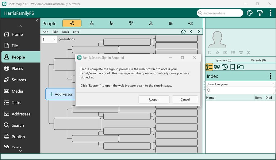 RootsMagic 12 waiting while you sign in to FamilySearch in your web browser