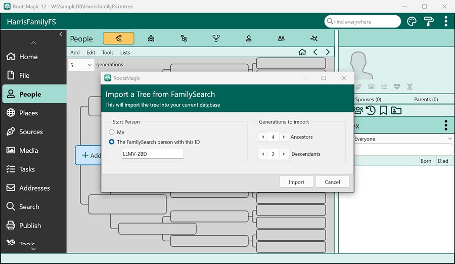 Choosing the starting person and generations to import from FamilySearch in RootsMagic 12