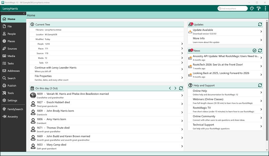 RootsMagic 12’s Home page with the new On this day list of births, marriages, and deaths on 3 October