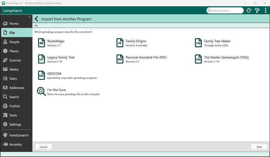 RootsMagic 12’s Import from Another Program choices, from Family Tree Maker to GEDCOM