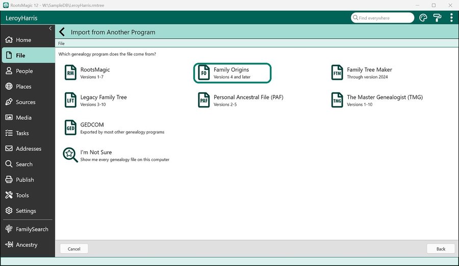 RootsMagic 12’s Import from Another Program list, with Family Origins, versions 4 and later, outlined