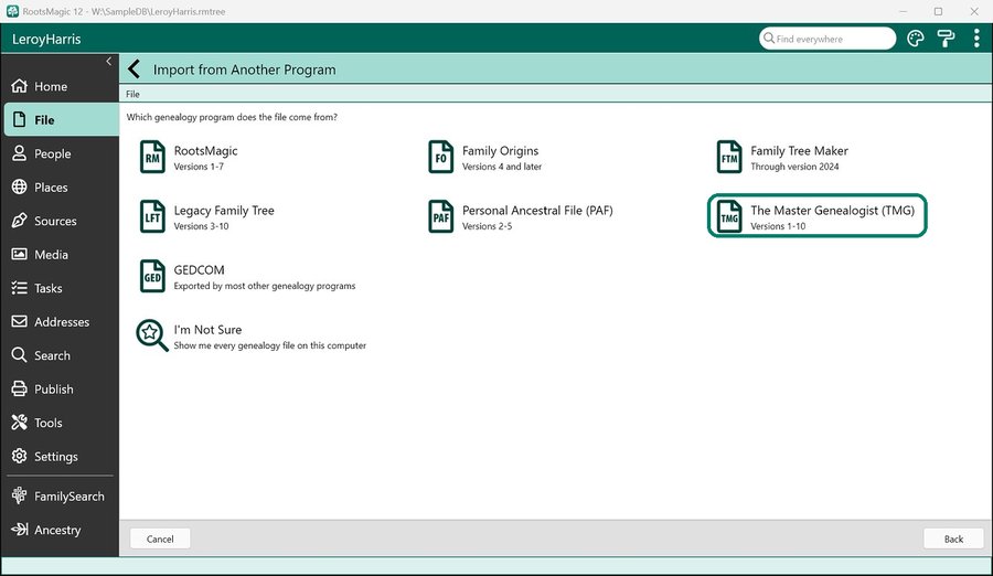 RootsMagic 12’s Import from Another Program list, with The Master Genealogist (TMG), versions 1-10, outlined
