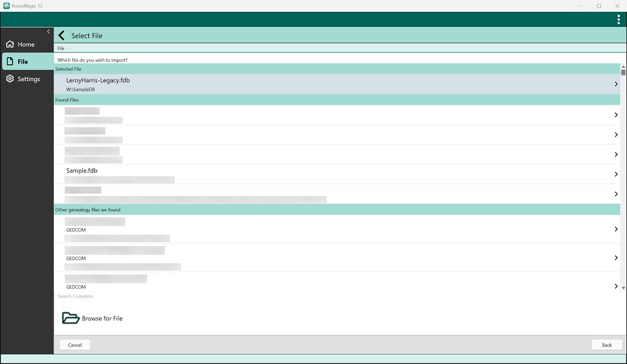 Choosing a Legacy file to import in RootsMagic 12