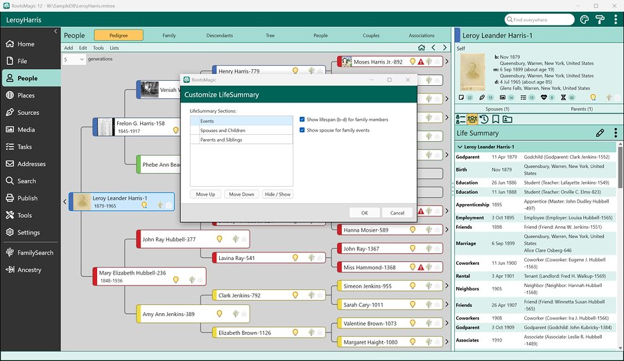 Life Summary options in RootsMagic 12: choosing panels, their order, lifespans, and spouses