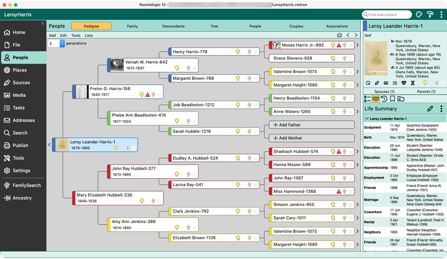 RootsMagic 12 running on a Mac, showing a family tree in the pedigree view with the Life Summary beside it