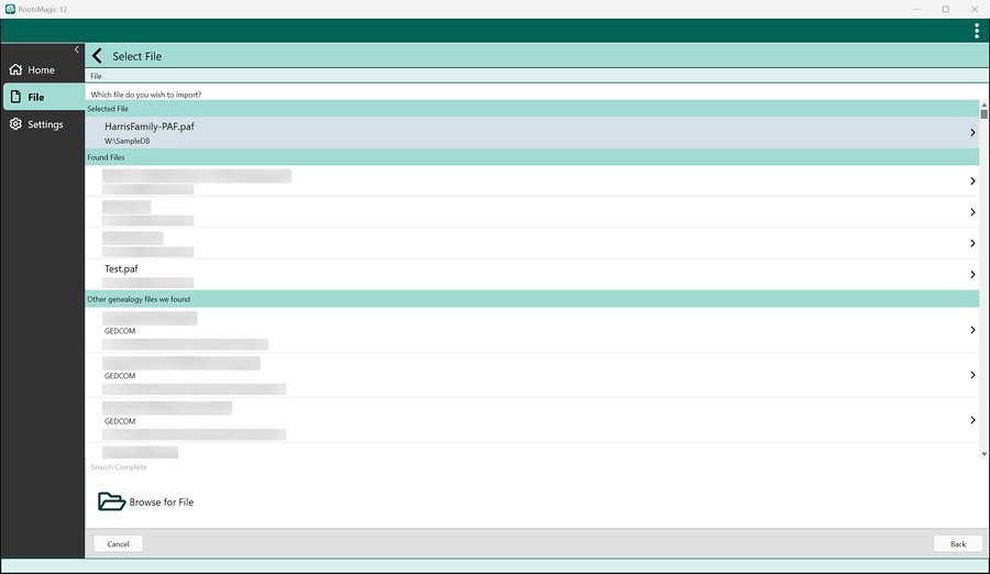 Choosing a PAF file to import in RootsMagic 12
