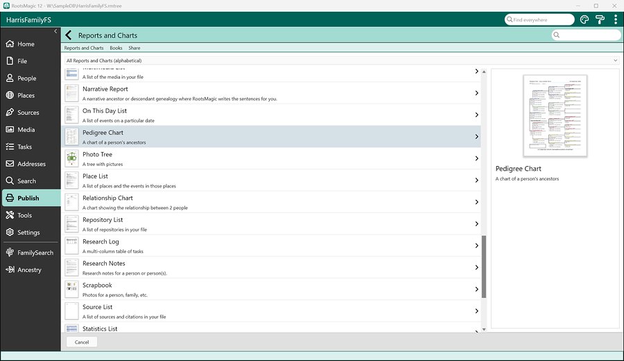 The list of reports and charts in RootsMagic 12, with Pedigree Chart selected and a preview