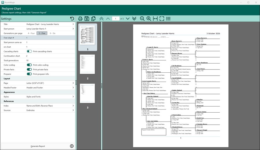 Pedigree chart settings in RootsMagic 12, with the first page of the chart beside them