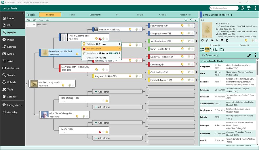 A RootsMagic 12 Problem Alert on the pedigree, with the person’s alerts and hints