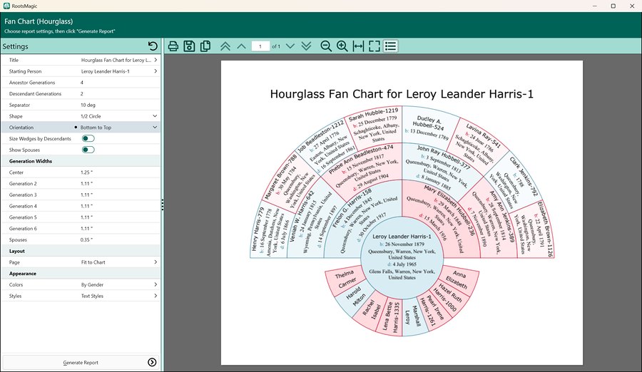 RootsMagic 12’s new hourglass fan chart for Leroy Leander Harris in the report viewer