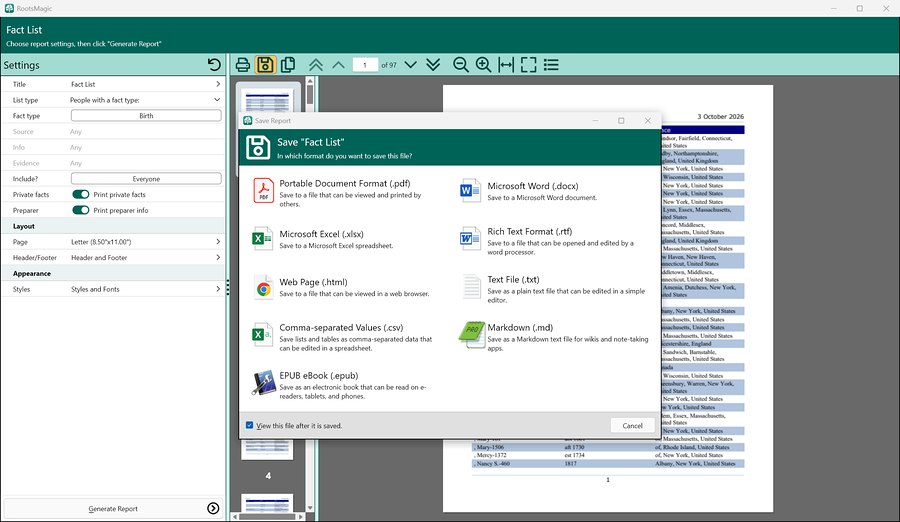 Saving a RootsMagic 12 report: PDF, Word, Excel, RTF, HTML, text, CSV, Markdown, or EPUB