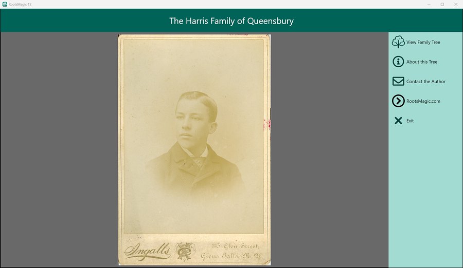 The welcome screen of a RootsMagic 12 shareable drive: The Harris Family of Queensbury