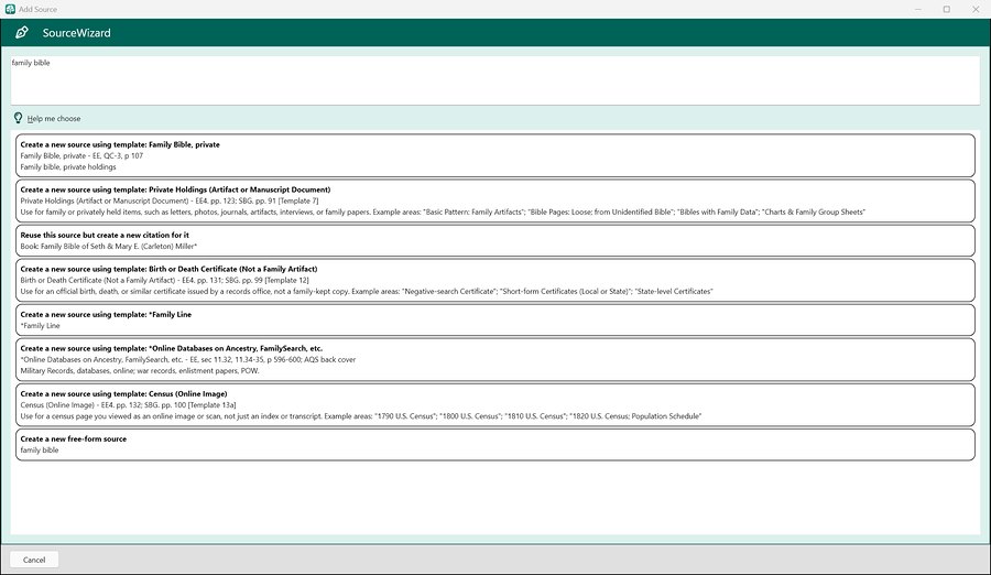 SourceWizard in RootsMagic 12, suggesting source templates for “family bible”