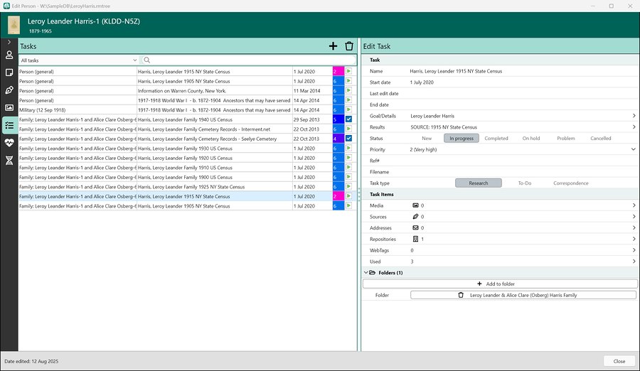 Research tasks for Leroy Leander Harris in RootsMagic 12, with one in progress