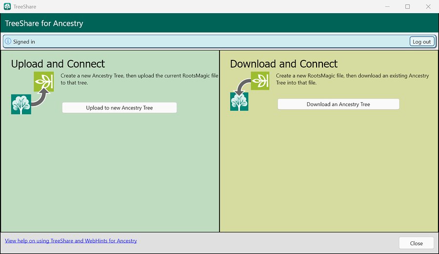 TreeShare for Ancestry in RootsMagic 12: upload to a new Ancestry tree, or download one