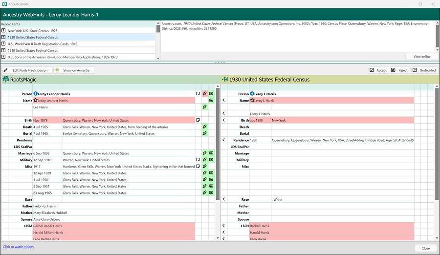 Ancestry WebHints for Leroy Leander Harris in RootsMagic 12, comparing him with the 1930 census